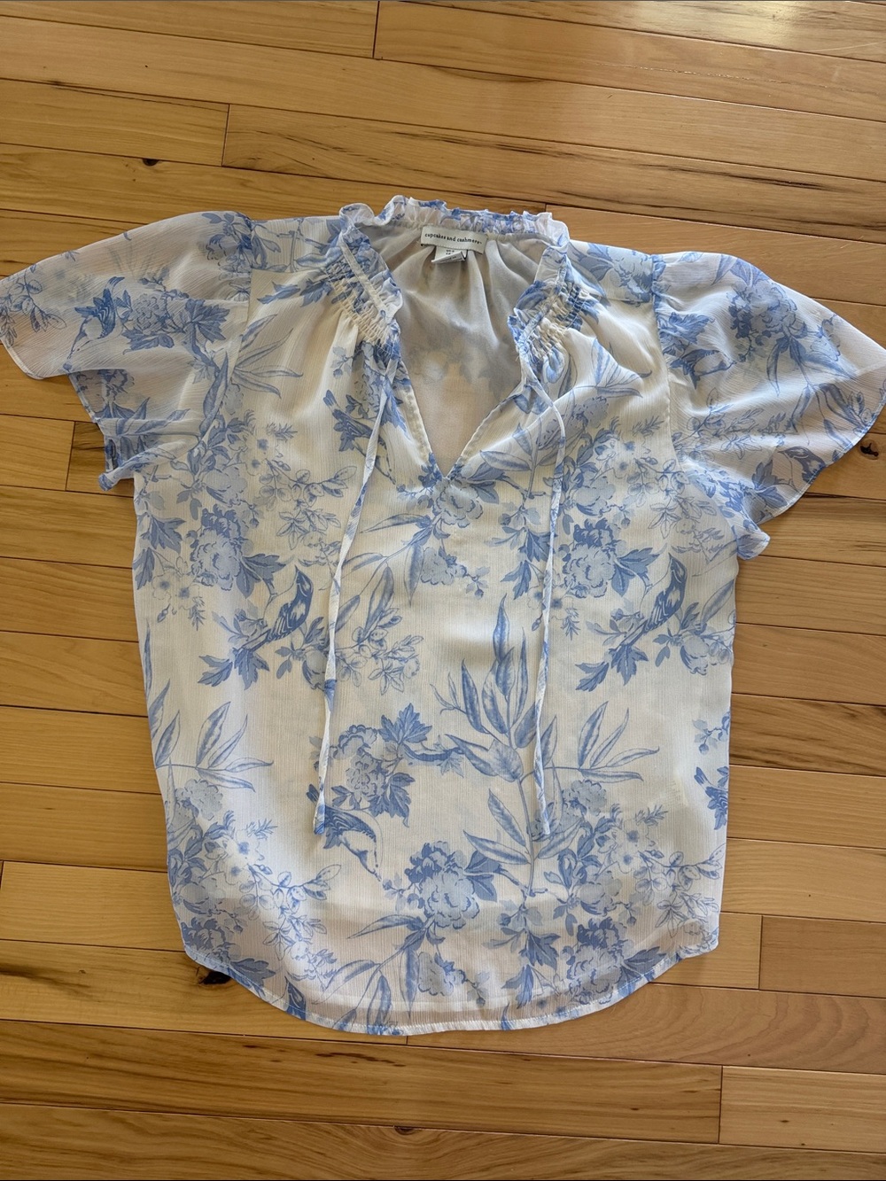 Light Blue Floral Ruffle Tie-Neck Blouse - Women